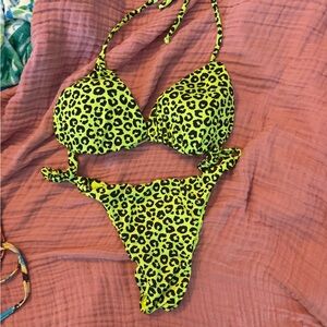 Neon Yellow Leopard Print Tie Bikini Set - Women Swim Bikini
